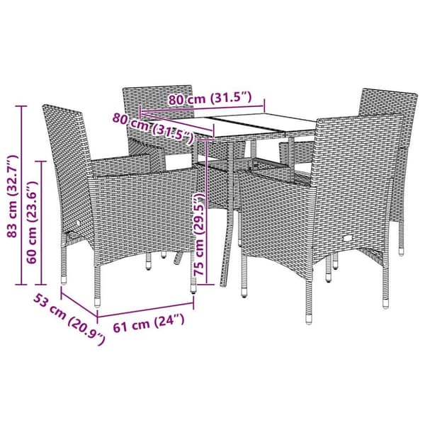 vidaXL spisebordssæt til haven 5dele m. hynder polyrattan og glas sort