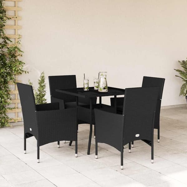 vidaXL spisebordssæt til haven 5dele m. hynder polyrattan og glas sort