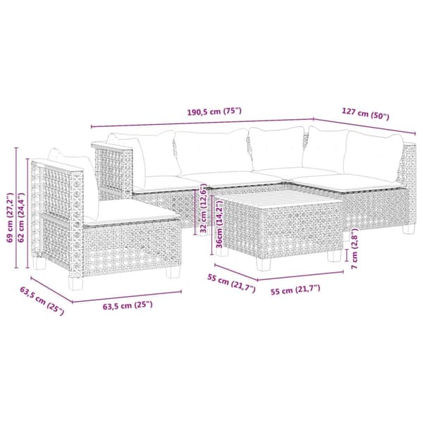 vidaXL sofasæt til haven 6 dele med hynder polyrattan sort