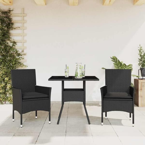 vidaXL spisebordssæt til haven 3dele m. hynder polyrattan og glas sort