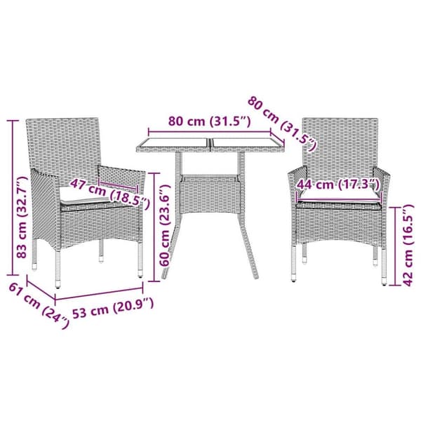 vidaXL Matgrupp för trädgård med dynor 3 delar svart konstrotting&glas