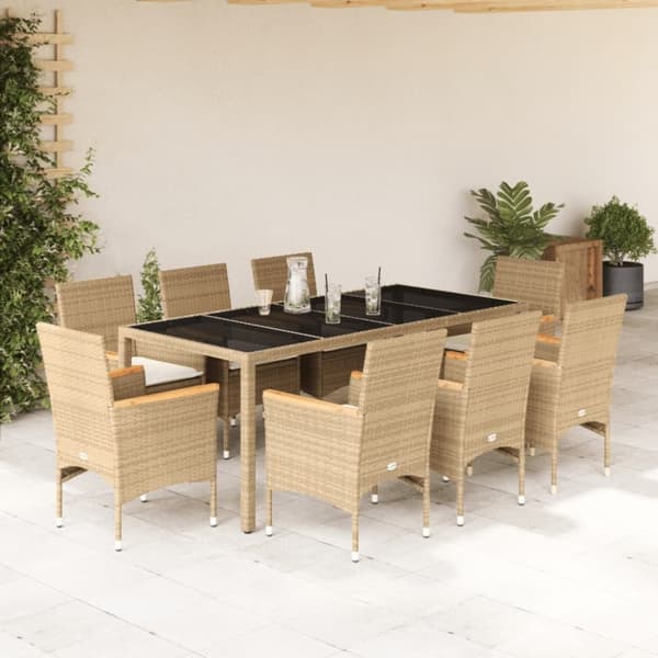 vidaXL spisebordssæt til haven 9 dele med hynder polyrattan og glas