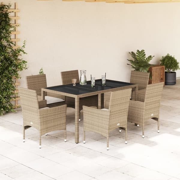 vidaXL spisebordssæt til haven 7 dele med hynder polyrattan og glas