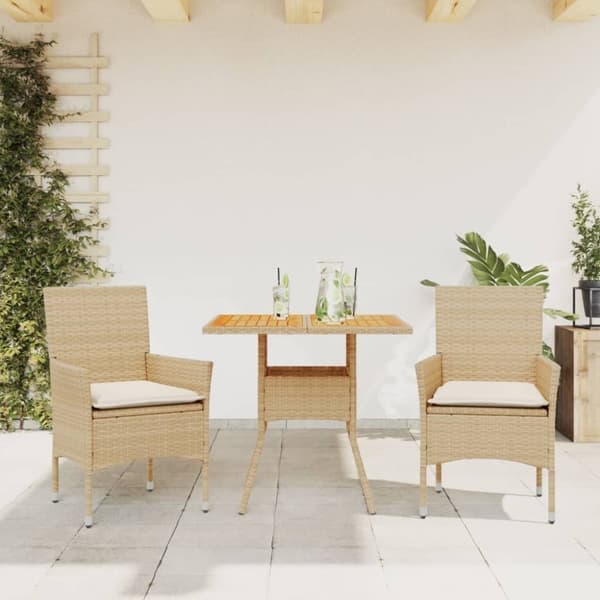 vidaXL spisebordssæt til haven 3dele m. hynder polyrattan akacie beige