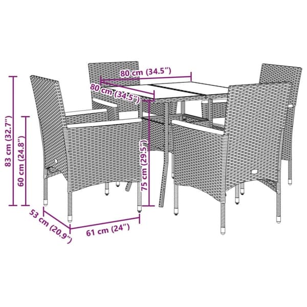 vidaXL spisebordssæt til haven 5 dele med hynder polyrattan og glas