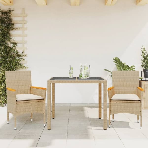 vidaXL spisebordssæt til haven 3 dele med hynder polyrattan og glas