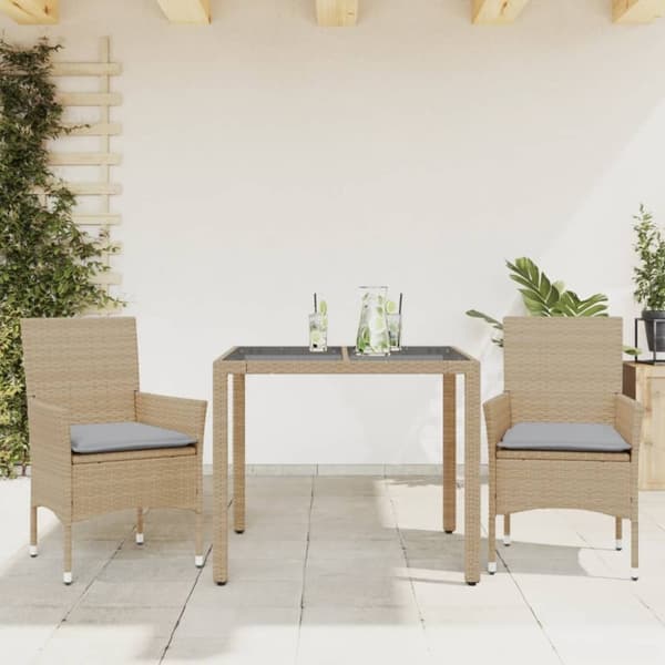 vidaXL spisebordssæt til haven 3 dele med hynder polyrattan og glas