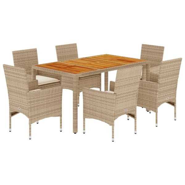 vidaXL spisebordssæt til haven 7dele m. hynder polyrattan akacie beige