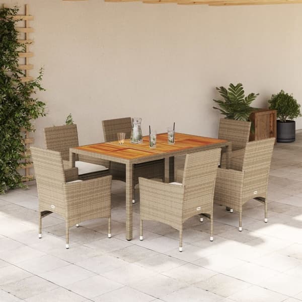 vidaXL spisebordssæt til haven 7dele m. hynder polyrattan akacie beige