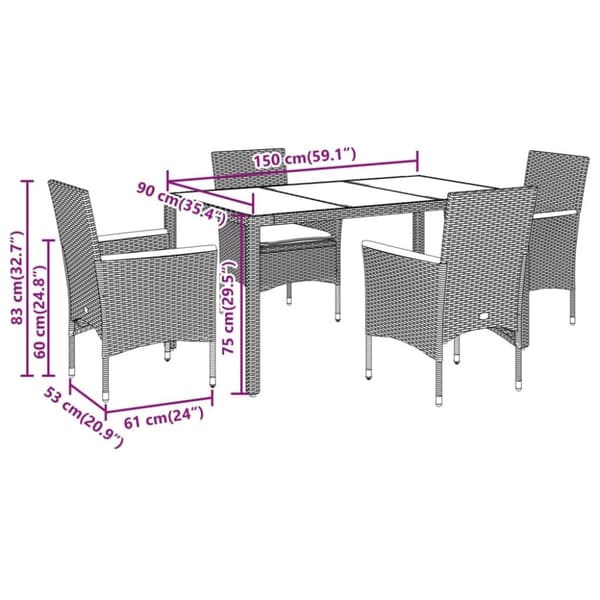 vidaXL spisebordssæt til haven 5 dele med hynder polyrattan og glas