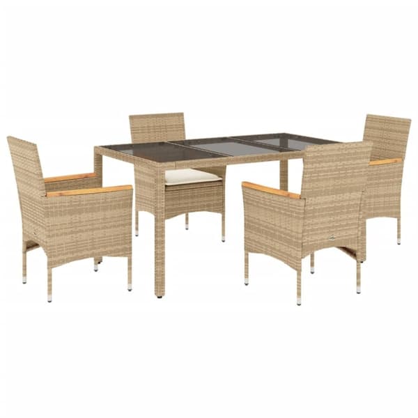 vidaXL Matgrupp för trädgård med dynor 5 delar beige konstrotting&glas