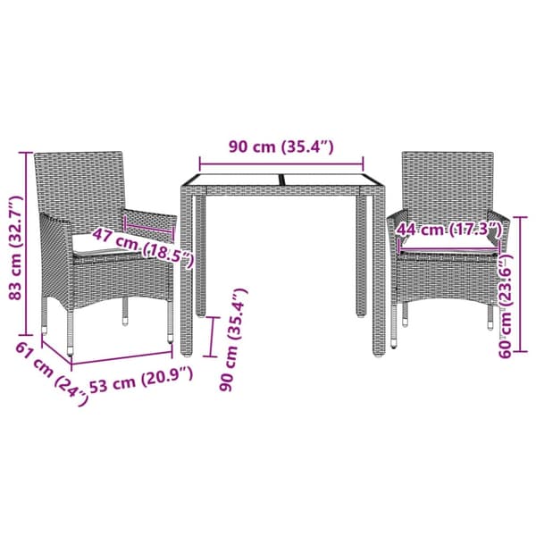 vidaXL spisebordssæt til haven 3dele m. hynder polyrattan og glas sort