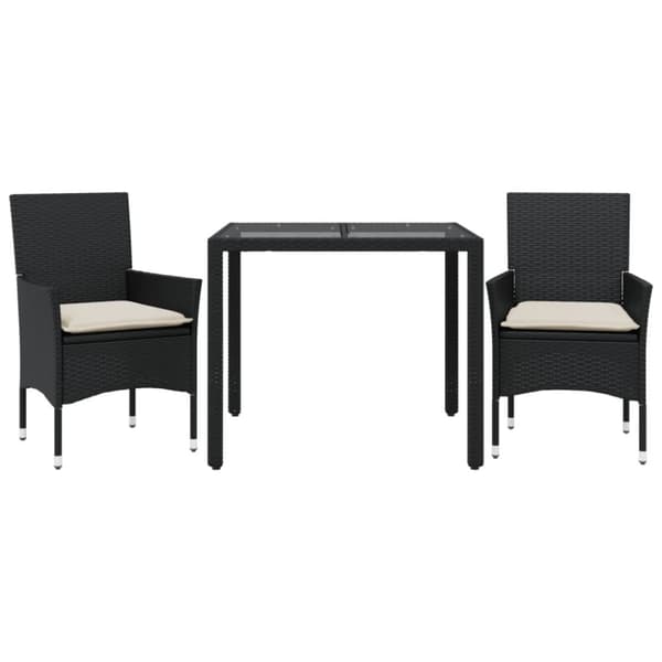 vidaXL spisebordssæt til haven 3dele m. hynder polyrattan og glas sort