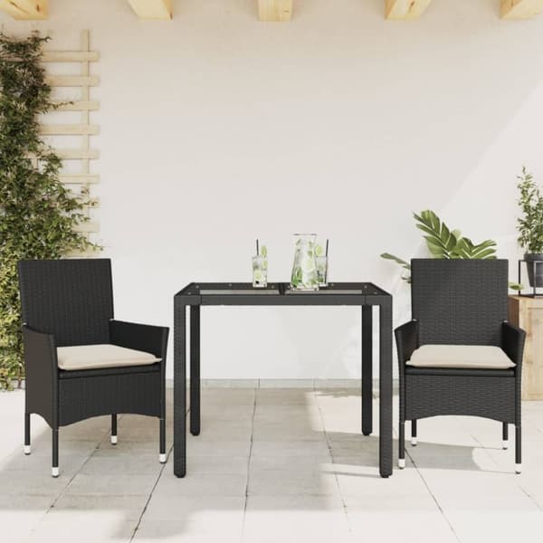 vidaXL spisebordssæt til haven 3dele m. hynder polyrattan og glas sort