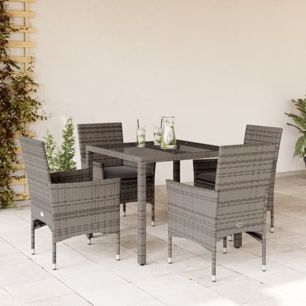 vidaXL spisebordssæt til haven 5dele med hynder polyrattan og glas grå