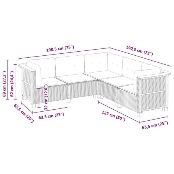 vidaXL sofasæt 5 dele med hynder polyrattan grå