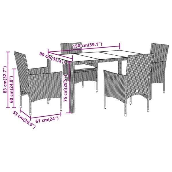 vidaXL spisebordssæt til haven 5 dele med hynder polyrattan og glas