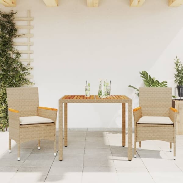 vidaXL spisebordssæt til haven 3dele m. hynder polyrattan akacie beige