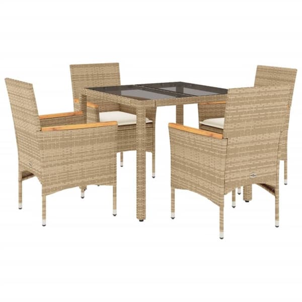 vidaXL Matgrupp för trädgård med dynor 5 delar beige konstrotting&glas