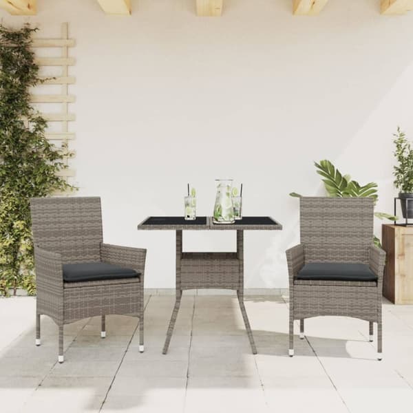 vidaXL spisebordssæt til haven 3dele med hynder polyrattan og glas grå