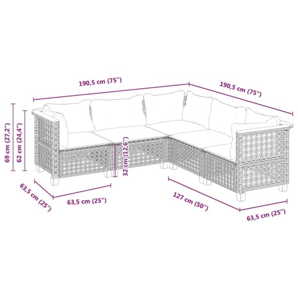 vidaXL sofasæt til haven 5 dele med hynder polyrattan sort