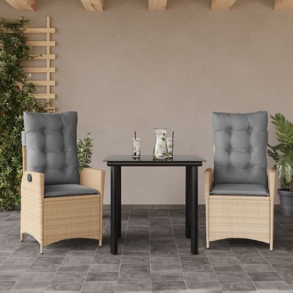 vidaXL spisebordssæt til haven 3 dele med hynder polyrattan beige