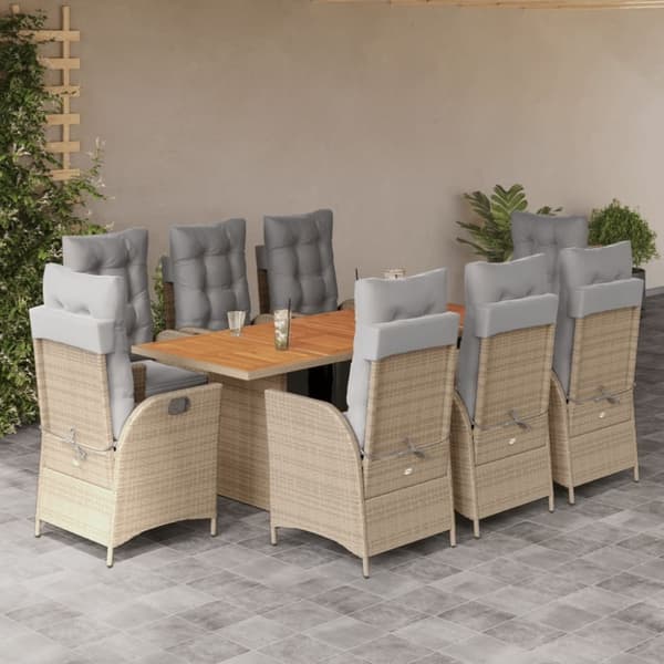 vidaXL spisebordssæt til haven 9 dele med hynder polyrattan beige