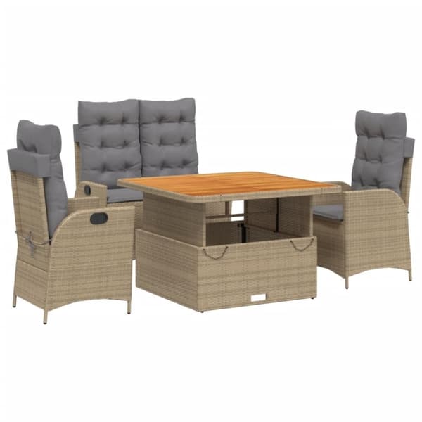 vidaXL spisebordssæt til haven 4 dele med hynder polyrattan beige