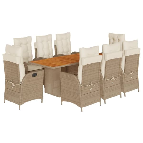 vidaXL spisebordssæt til haven 9 dele med hynder polyrattan beige