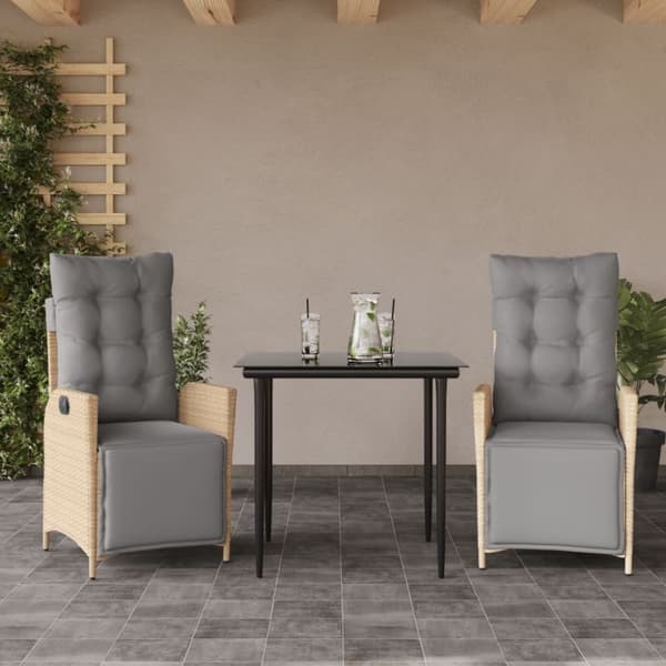 vidaXL spisebordssæt til haven 3 dele med hynder polyrattan beige