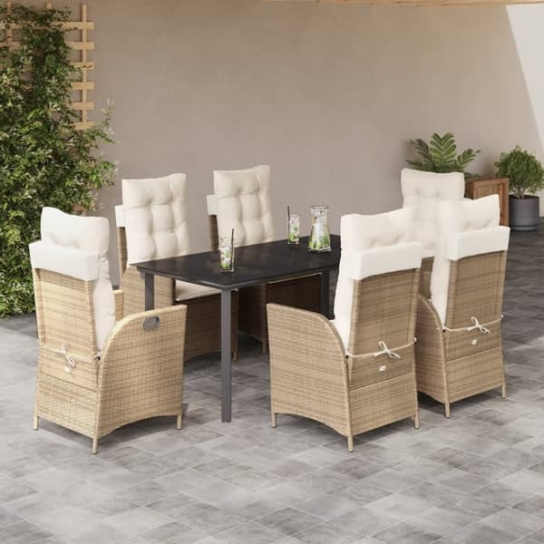 vidaXL spisebordssæt til haven 7 dele med hynder polyrattan beige