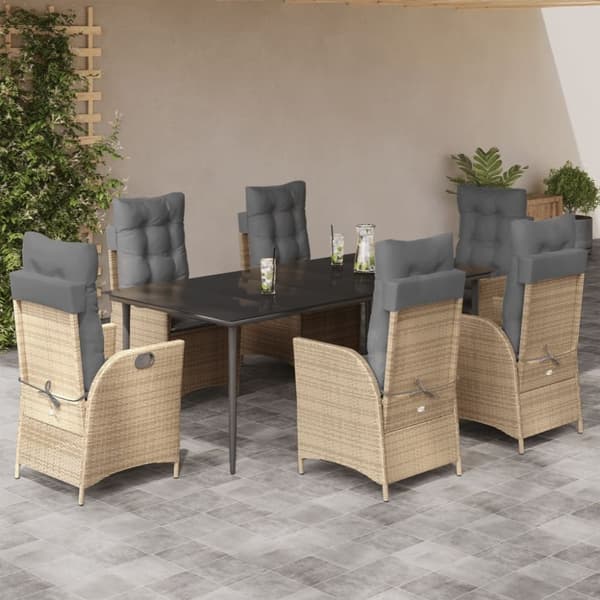 vidaXL spisebordssæt til haven 7 dele med hynder polyrattan beige