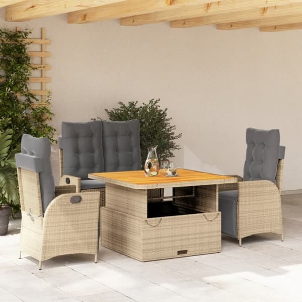 vidaXL spisebordssæt til haven 4 dele med hynder polyrattan beige