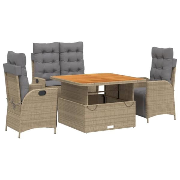 vidaXL spisebordssæt til haven 4 dele med hynder polyrattan beige