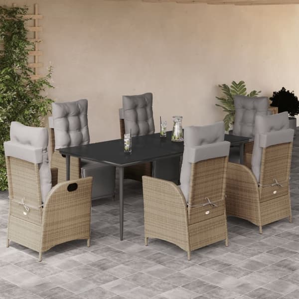 vidaXL spisebordssæt til haven 7 dele med hynder polyrattan beige