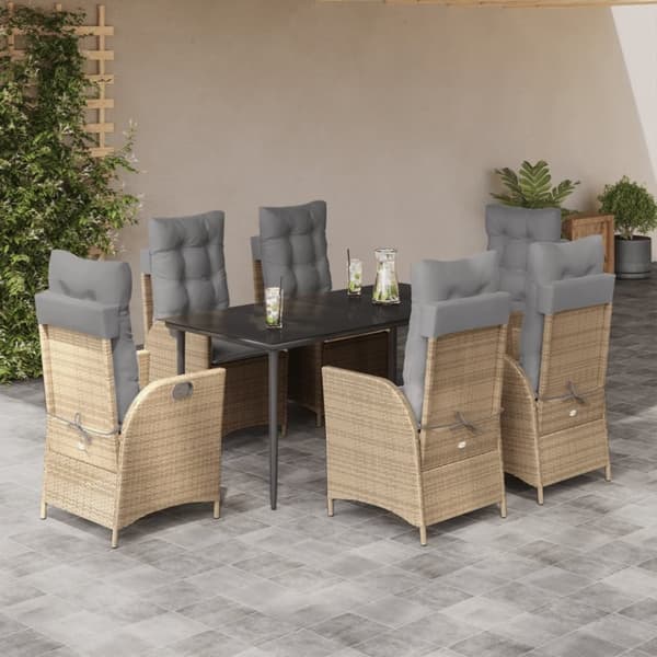 vidaXL spisebordssæt til haven 7 dele med hynder polyrattan beige