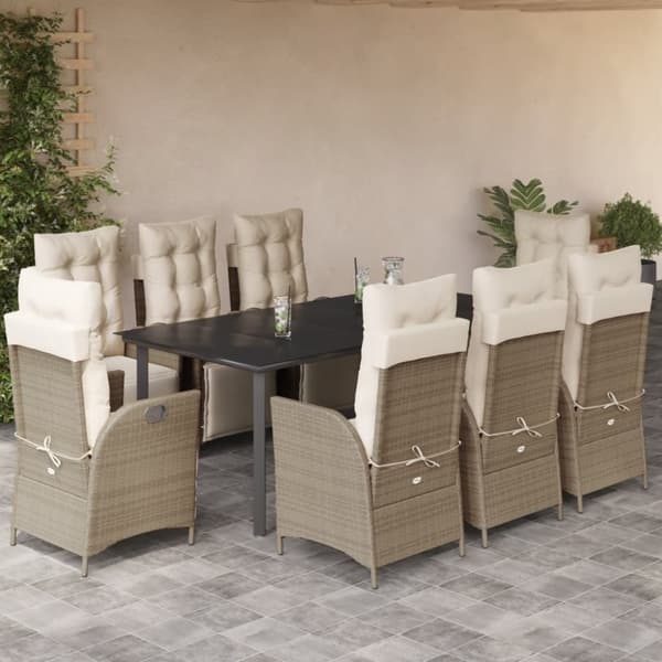 vidaXL spisebordssæt til haven 9 dele med hynder polyrattan beige
