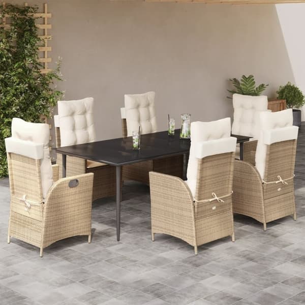vidaXL spisebordssæt til haven 7 dele med hynder polyrattan beige