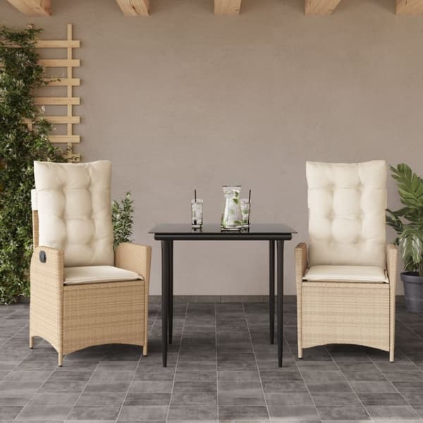 vidaXL spisebordssæt til haven 3 dele med hynder polyrattan beige