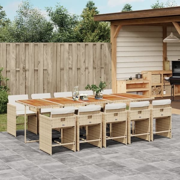 vidaXL spisebordssæt til haven 11 dele med hynder polyrattan beige
