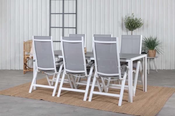 Break hagesett bord 90x205cm grå, 6 stoler Albany grå.