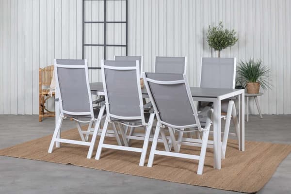 Break hagesett bord 90x205cm grå, 6 stoler Albany grå.