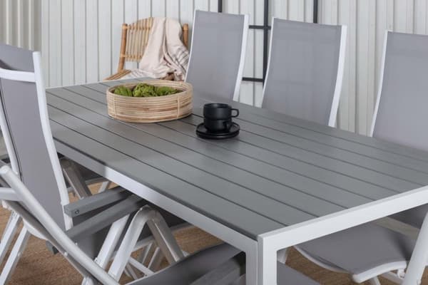Break hagesett bord 90x205cm grå, 6 stoler Albany grå.