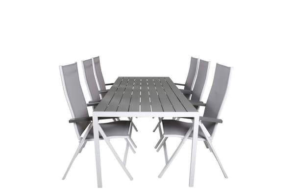 Break hagesett bord 90x205cm grå, 6 stoler Albany grå.