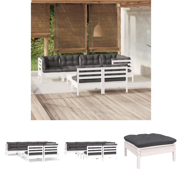 The Living Store Loungegrupp med dynor 8 delar vit massiv furu - Utemöbelgrupper