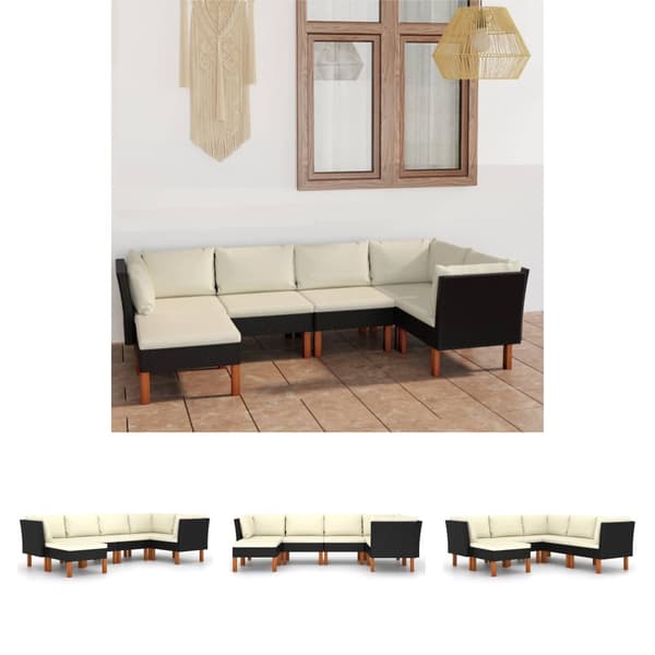 The Living Store loungesæt til haven 6 dele med hynder polyrattan sort -  Havemøbelsæt