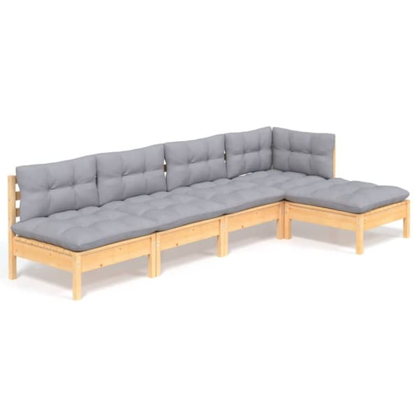 The Living Store Loungegrupp med grå dynor 5 delar massiv furu -  Utemöbelgrupper