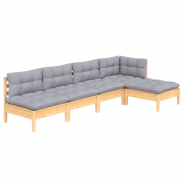 The Living Store Loungegrupp med grå dynor 5 delar massiv furu -  Utemöbelgrupper