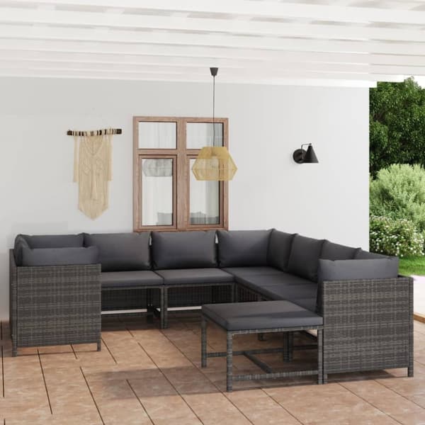 The Living Store loungesæt til haven 9 dele med hynder polyrattan grå -  Havemøbelsæt