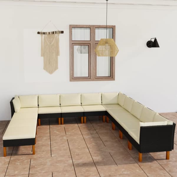 The Living Store loungesæt til haven 12 dele med hynder polyrattan sort -  Havemøbelsæt